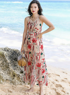 V-neck Mesh Embroidered Long Boho Beach Dress