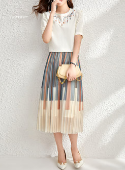 High Waisted Color-blocked Pleated Midi Skirt