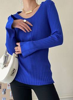 V-neck Long Sleeve Pullover Ribbed Slim Sweater
