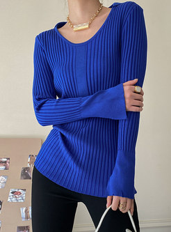 V-neck Long Sleeve Pullover Ribbed Slim Sweater
