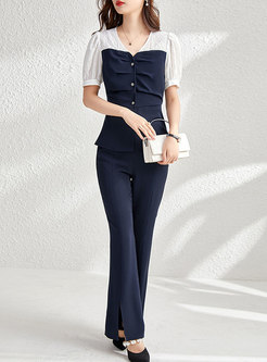 Color-blocked Puff Sleeve Blouse & High Waisted Flare Pants