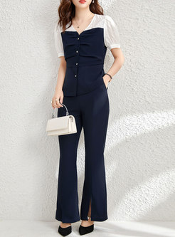 Color-blocked Puff Sleeve Blouse & High Waisted Flare Pants