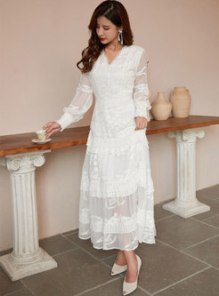 White V-neck Lantern Sleeve Embroidered Boho Maxi Dress