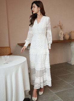 White V-neck Lantern Sleeve Embroidered Boho Maxi Dress