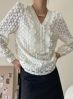 V-neck Lace Pullover Ruffle Loose Blouse
