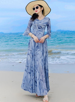 Boho V-neck Flare Sleeve Print Beach Maxi Dress