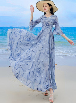 Boho V-neck Flare Sleeve Print Beach Maxi Dress