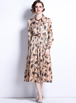 Casual Print Belted Pleated Midi Shirt Dress