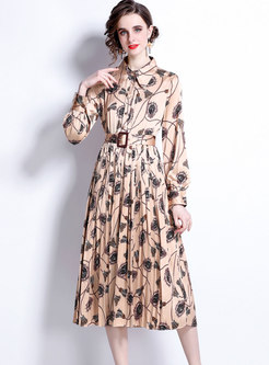 Casual Print Belted Pleated Midi Shirt Dress