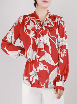 Bowknot Ribbon Print Pullover Silk Blouse