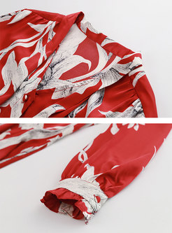 Bowknot Ribbon Print Pullover Silk Blouse