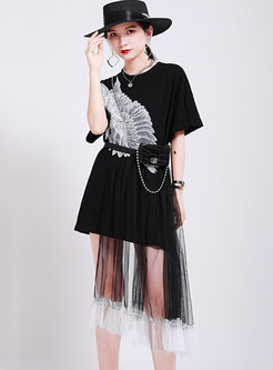 Casual Crew Neck Mesh Patchwork Shift Tee Dress