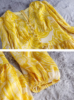 V-neck Long Sleeve Print Boho Chiffon Maxi Dress
