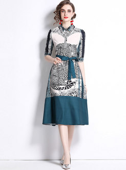 Half Sleeve Leopard Print A Line Midi Dress