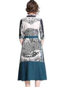 Half Sleeve Leopard Print A Line Midi Dress