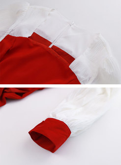 Color-blocked Puff Sleeve A Line Midi Dress