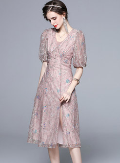 Pink Sweet V-neck High Waisted Lace Midi Dress