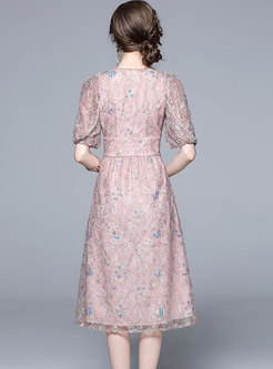 Pink Sweet V-neck High Waisted Lace Midi Dress