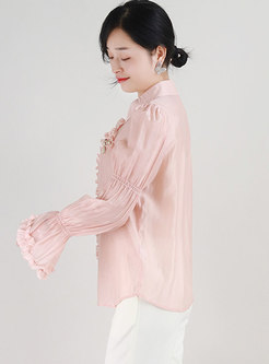 Pink Flare Sleeve Ruched Single-breasted Blouse
