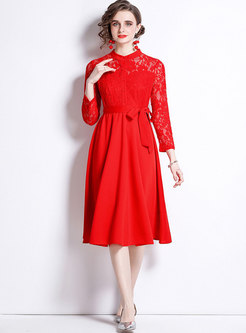 Long Sleeve Lace Patchwork Cocktail Dress