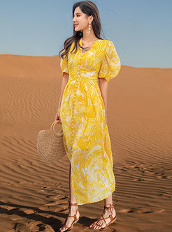 Boho V-neck Puff Sleeve Print Chiffon Beach Dress