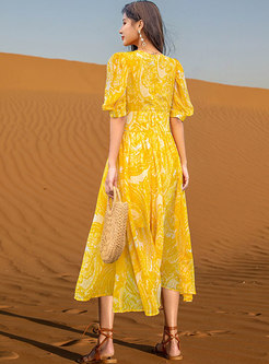 Boho V-neck Puff Sleeve Print Chiffon Beach Dress