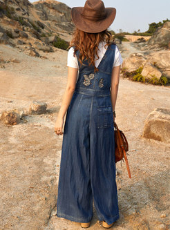 High Waisted Embroidered Denim Wide Leg Overalls