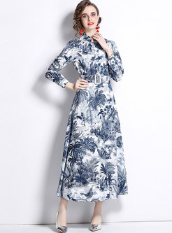 Retro Long Sleeve Floral Belted A Line Maxi Dress