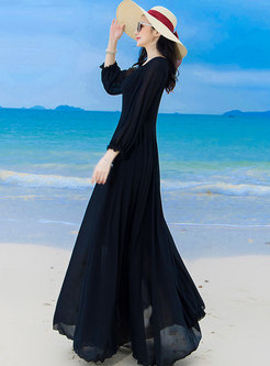 Long Sleeve Chiffon Big Hem Beach Maxi Dress