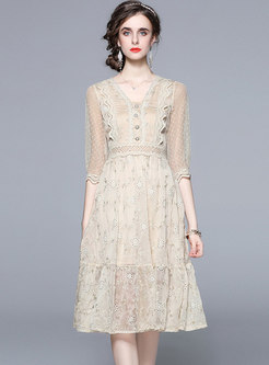 V-neck Polka Dot Embroidered Lace A Line Dress