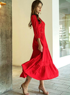 Red V-neck Lace Openwork Beach Maxi Dress
