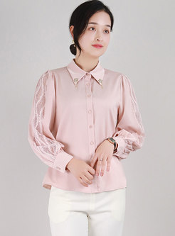 Pink Brief Turn-down Collar Loose Blouse