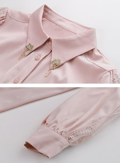 Pink Brief Turn-down Collar Loose Blouse