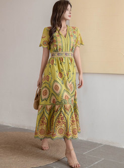 Boho V-neck Short Sleeve Embroidered Beach Maxi Dress