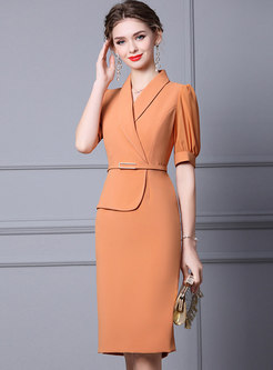 Lapel Puff Sleeve Belted Bodycon Dress