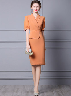 Lapel Puff Sleeve Belted Bodycon Dress
