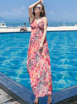 Boho V-neck Sleeveless Print Chiffon Beach Long Dress