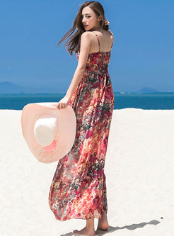 Boho V-neck Sleeveless Print Chiffon Beach Long Dress