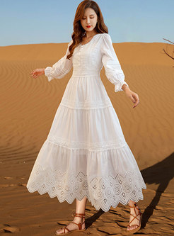 Long Sleeve Openwork Lace White Beach Maxi Dress