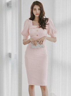 Puff Sleeve Sexy Square Neck Party Bodycon Dress