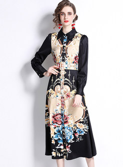 Casual Long Sleeve Floral Print Button Down Midi Dress with Belt