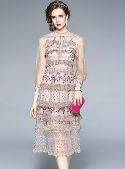 Floral Lace Long Sleeve Party Midi Dress