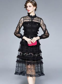 Floral Lace Long Sleeve Party Midi Dress