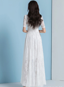 Elegant Round Neck Short Sleeves Floral Lace Long Dress 