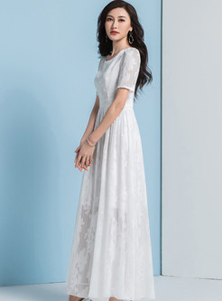 Elegant Round Neck Short Sleeves Floral Lace Long Dress 