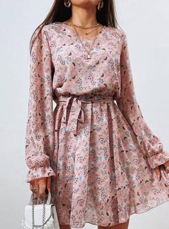 Long Sleeve Floral Mini Swing Guest Dress with Belt