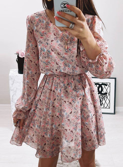 Long Sleeve Floral Mini Swing Guest Dress with Belt