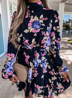 Spring Summer Ruffle Long Sleeve Floral Print Mini Dress