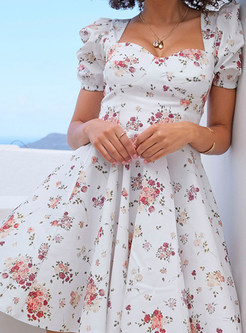 Floral Short Sleeve A Line Flare Mini Dress