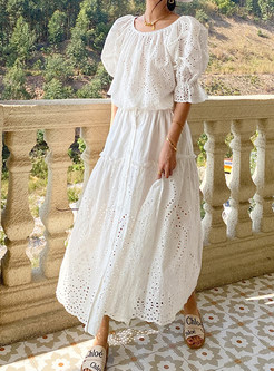 Bohemian Drawstring White Skirt Suit